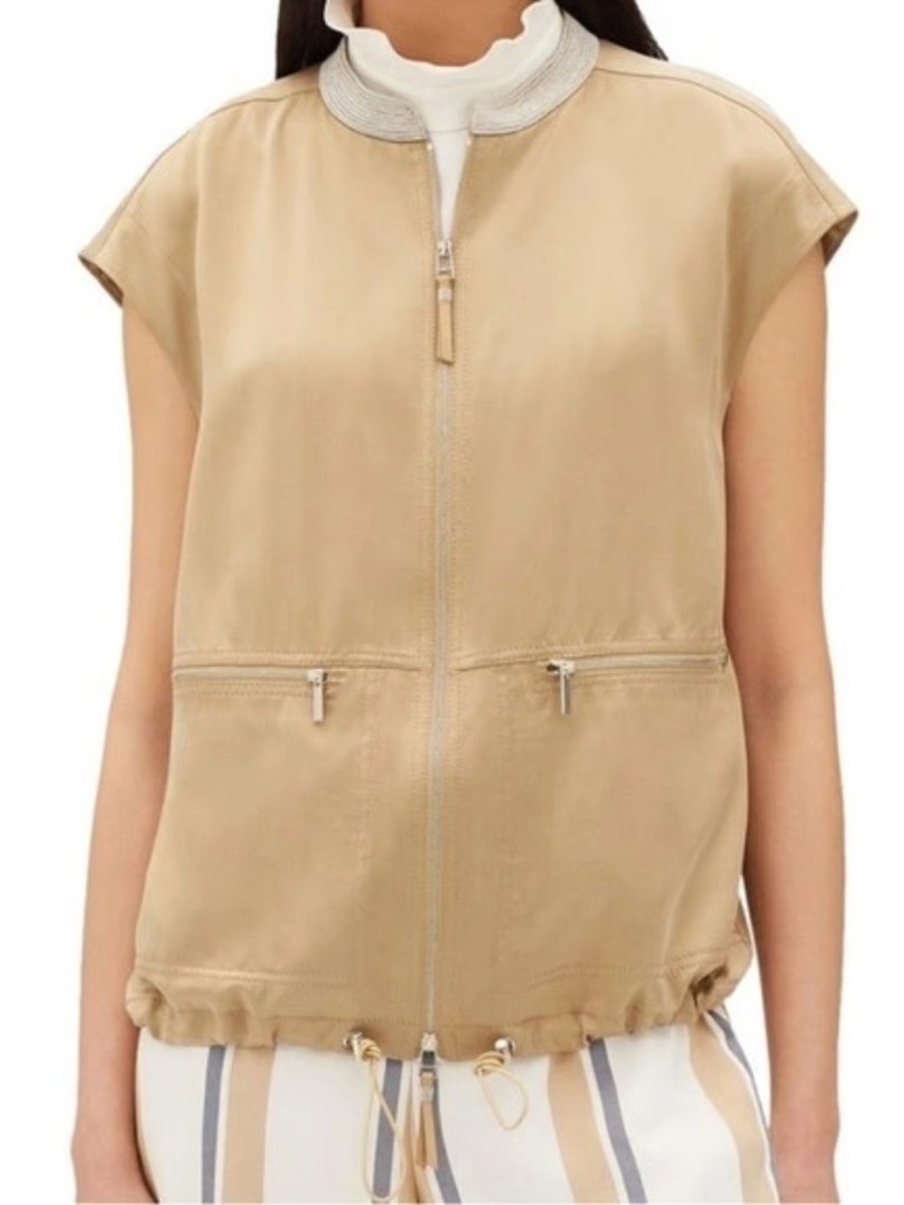 Lafayette 148 100% Silk Beige Zip Vest Drawstring Hem Pockets Neutral Minimalist